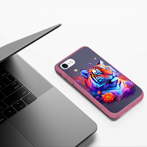 Чехол iPhone 7/8 матовый Тигр и краски - нейросеть / 3D-Малиновый – фото 3