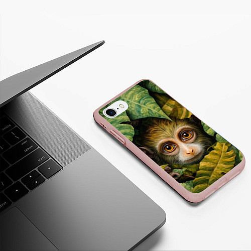 Чехол iPhone 7/8 матовый Маленькая обезьянка в листьях / 3D-Светло-розовый – фото 3