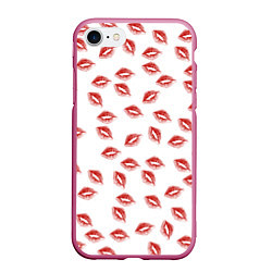 Чехол iPhone 7/8 матовый Поцелуи - паттерн, цвет: 3D-малиновый