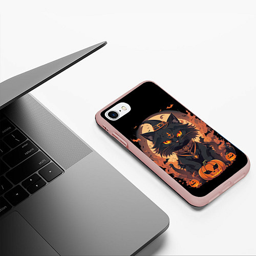 Чехол iPhone 7/8 матовый Черный кот в хеллоуине / 3D-Светло-розовый – фото 3