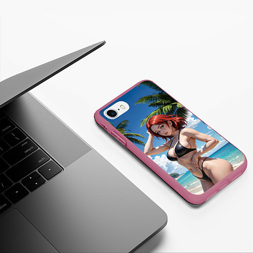 Чехол iPhone 7/8 матовый Девушка с рыжими волосами на пляже / 3D-Малиновый – фото 3