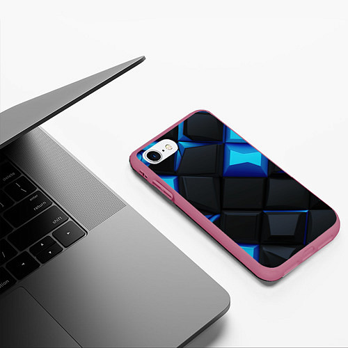 Чехол iPhone 7/8 матовый Черные и синие плитки / 3D-Малиновый – фото 3