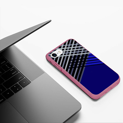 Чехол iPhone 7/8 матовый Белые и серые полосы на синем фоне / 3D-Малиновый – фото 3