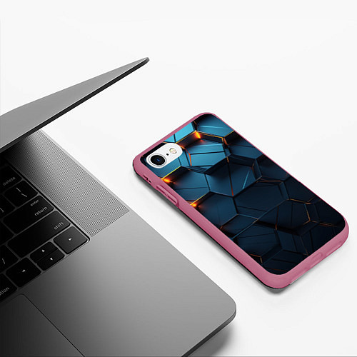 Чехол iPhone 7/8 матовый Синие объемные плиты с оранжевыми вставками / 3D-Малиновый – фото 3