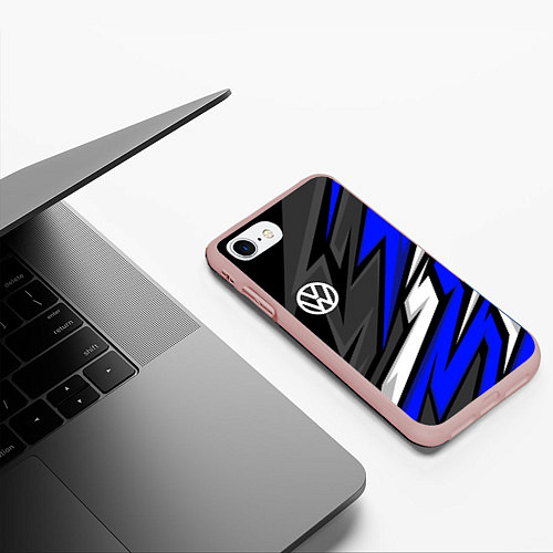 Чехол iPhone 7/8 матовый Volkswagen - Синяя абстракция / 3D-Светло-розовый – фото 3