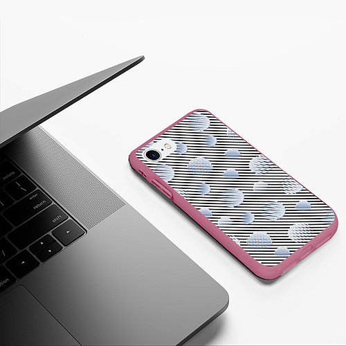 Чехол iPhone 7/8 матовый Серебристые круги на полосатом фоне / 3D-Малиновый – фото 3