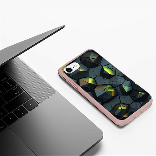 Чехол iPhone 7/8 матовый Черная текстура с зелеными камнями / 3D-Светло-розовый – фото 3