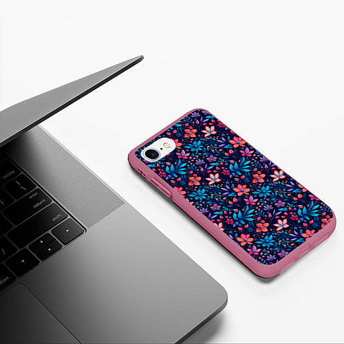 Чехол iPhone 7/8 матовый Цветочный паттерн в синих и сиреневых тонах / 3D-Малиновый – фото 3