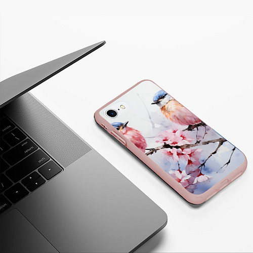 Чехол iPhone 7/8 матовый Птицы в ветвях сакуры акварель / 3D-Светло-розовый – фото 3