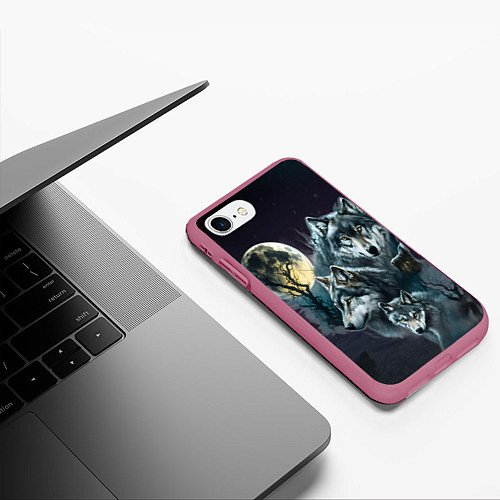 Чехол iPhone 7/8 матовый Вольчья стая и луна / 3D-Малиновый – фото 3