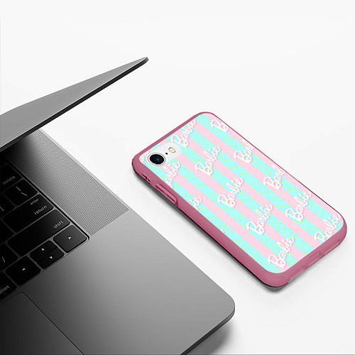 Чехол iPhone 7/8 матовый Паттерн Барби на фоне костюма Кена в розово-голубу / 3D-Малиновый – фото 3