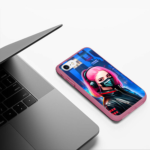 Чехол iPhone 7/8 матовый Девушка с розовыми волосами - киберпанк / 3D-Малиновый – фото 3