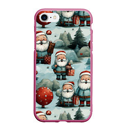Чехол iPhone 7/8 матовый Рождественский узор с Санта Клаусами, цвет: 3D-малиновый