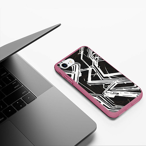 Чехол iPhone 7/8 матовый Белые полосы на чёрном фоне / 3D-Малиновый – фото 3