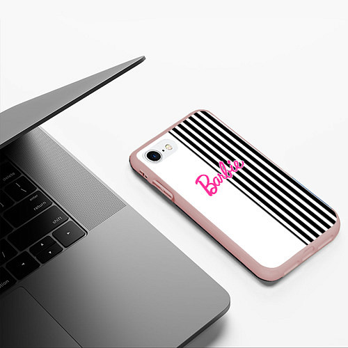 Чехол iPhone 7/8 матовый Барби - белый и черные полосы / 3D-Светло-розовый – фото 3