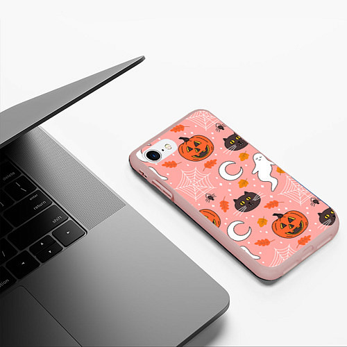 Чехол iPhone 7/8 матовый Тыквы и кошки на розовом фоне / 3D-Светло-розовый – фото 3