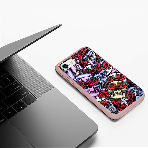 Чехол iPhone 7/8 матовый Череп розы в глазах паттерн / 3D-Светло-розовый – фото 3
