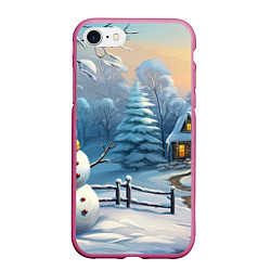 Чехол iPhone 7/8 матовый Новый год и снеговик, цвет: 3D-малиновый