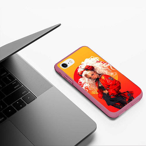 Чехол iPhone 7/8 матовый Девушка-демон от нейросети - желто-красный градиен / 3D-Малиновый – фото 3