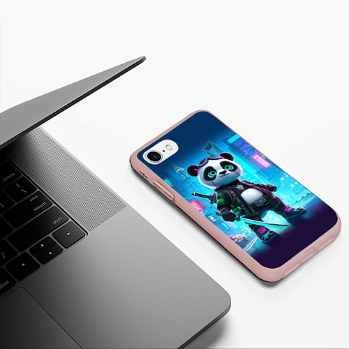 Чехол iPhone 7/8 матовый Панда кибер самурай в ночном Нью-Йорке / 3D-Светло-розовый – фото 3