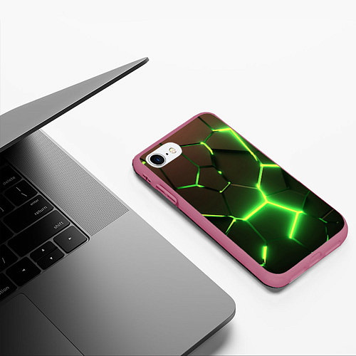 Чехол iPhone 7/8 матовый Зелёные плиты разломы атомные / 3D-Малиновый – фото 3