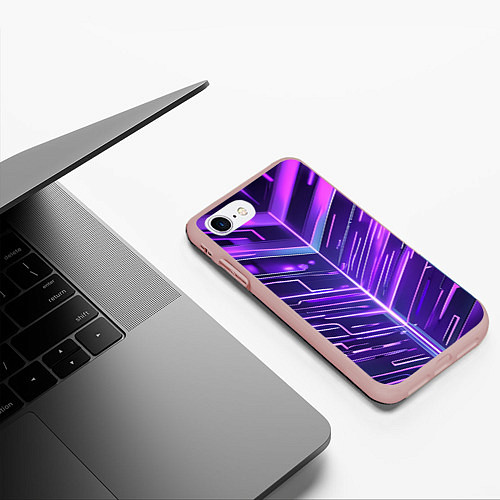 Чехол iPhone 7/8 матовый Фиолетовые неон полосы киберпанк / 3D-Светло-розовый – фото 3