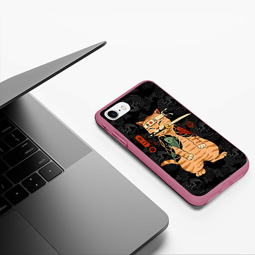 Чехол iPhone 7/8 матовый Кот самурай якудза с карпами / 3D-Малиновый – фото 3