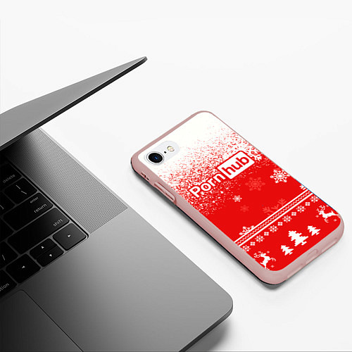 Чехол iPhone 7/8 матовый Порнхаб - красный новогодний паттерн / 3D-Светло-розовый – фото 3