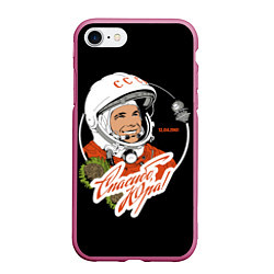 Чехол iPhone 7/8 матовый Юрий Гагарин первый космонавт, цвет: 3D-малиновый