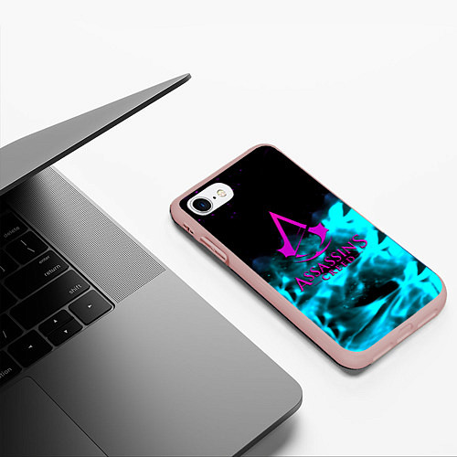 Чехол iPhone 7/8 матовый Assassins Creed flame neon / 3D-Светло-розовый – фото 3