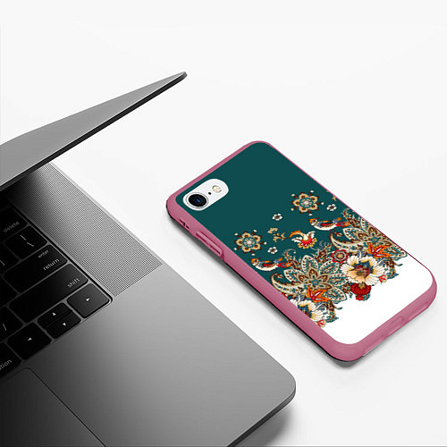 Чехол iPhone 7/8 матовый Индийский орнамент с птицами / 3D-Малиновый – фото 3