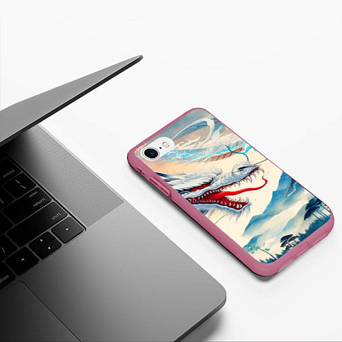 Чехол iPhone 7/8 матовый Дракон на фоне японского пейзажа / 3D-Малиновый – фото 3