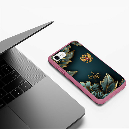Чехол iPhone 7/8 матовый Золотые листья и герб России / 3D-Малиновый – фото 3