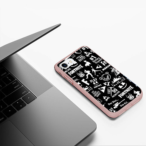 Чехол iPhone 7/8 матовый Fortnite alllogo black / 3D-Светло-розовый – фото 3