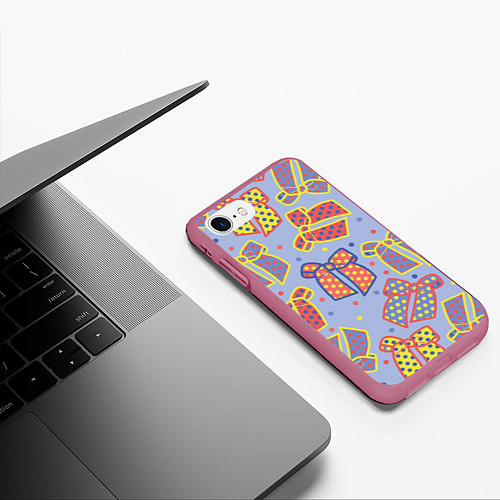 Чехол iPhone 7/8 матовый Узор с яркими разноцветными бантами в горошек / 3D-Малиновый – фото 3