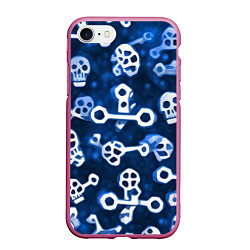 Чехол iPhone 7/8 матовый Белые черепки и кости на синем, цвет: 3D-малиновый