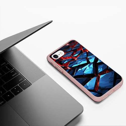 Чехол iPhone 7/8 матовый Синие абстрактные плиты и красное свечение / 3D-Светло-розовый – фото 3