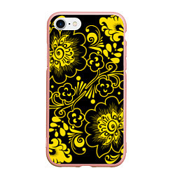 Чехол iPhone 7/8 матовый Хохломская роспись золотые цветы на чёроном фоне, цвет: 3D-светло-розовый