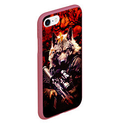 Чехол iPhone 7/8 матовый Волк солдат в красном лесу, цвет: 3D-малиновый — фото 2