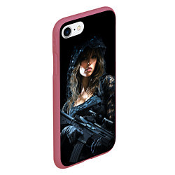 Чехол iPhone 7/8 матовый Брюнетка снайпер в черном камуфляже, цвет: 3D-малиновый — фото 2