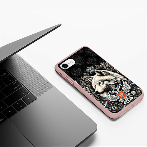 Чехол iPhone 7/8 матовый Русский волк и герб России / 3D-Светло-розовый – фото 3