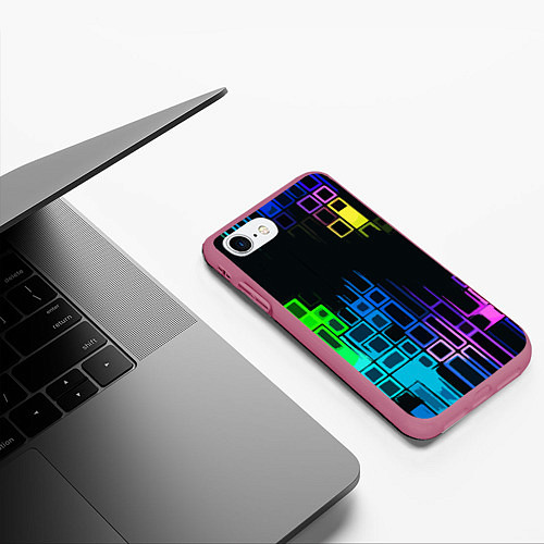 Чехол iPhone 7/8 матовый Разноцветные прямоугольники на чёрном фоне / 3D-Малиновый – фото 3