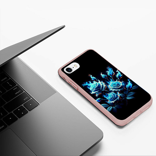 Чехол iPhone 7/8 матовый Розы в голубом огне / 3D-Светло-розовый – фото 3