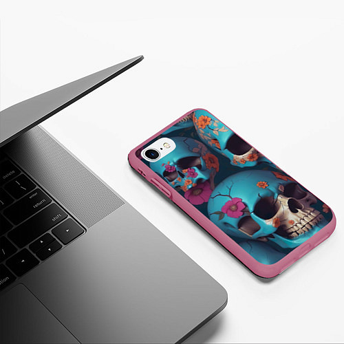 Чехол iPhone 7/8 матовый Черепа с цветами синие / 3D-Малиновый – фото 3