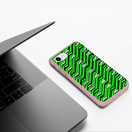 Чехол iPhone 7/8 матовый Чёрно-зелёный линейный узор киберпанк / 3D-Светло-розовый – фото 3