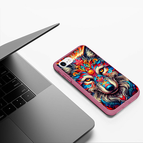 Чехол iPhone 7/8 матовый Красочный волк / 3D-Малиновый – фото 3