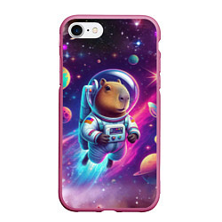 Чехол iPhone 7/8 матовый Космонавт капибара в неоновом космосе, цвет: 3D-малиновый