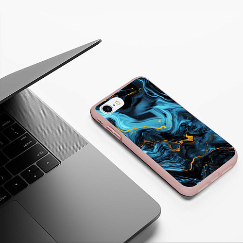 Чехол iPhone 7/8 матовый Синяя абстракция с золотым напылением / 3D-Светло-розовый – фото 3