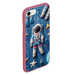 Чехол iPhone 7/8 матовый Космонавт - вышивка по джинсе нейросеть, цвет: 3D-малиновый — фото 2