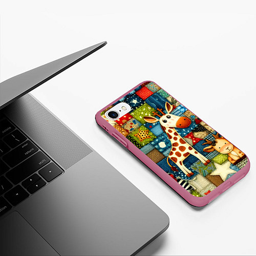 Чехол iPhone 7/8 матовый Жираф и компания - пэчворк нейросеть / 3D-Малиновый – фото 3